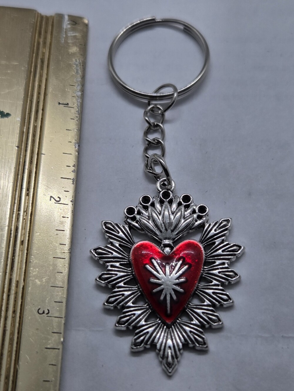 Silver Tone Heart Keychain with Red Enamel Accent